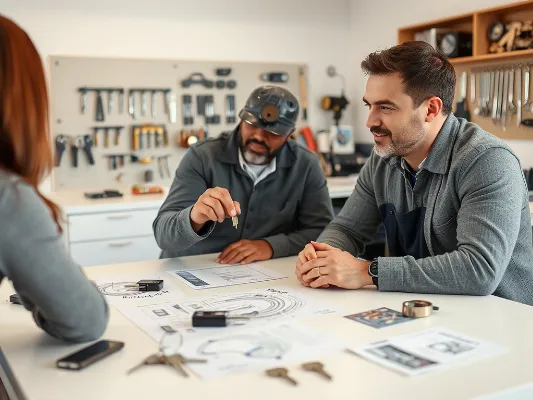 Lucas Martin, locksmith expert, explaining security options to a client with various locks and keys on a table