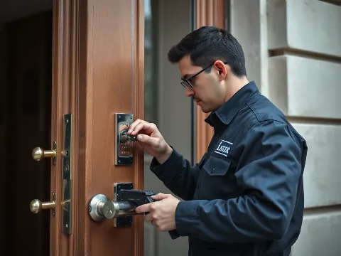 Expert serrurier travaillant sur une serrure de porte blindée