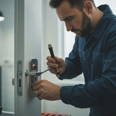 Professional locksmith working on a modern door lock, no text, no words, no typography