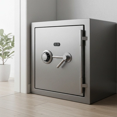 Modern safe in a home setting, securely closed