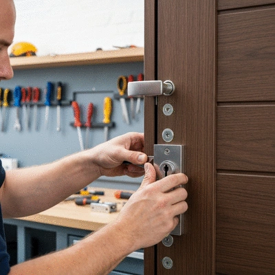 Serrurier installant une serrure multipoints sur une porte, focus sur les mains