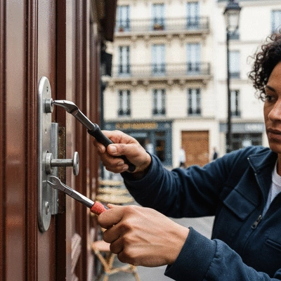 Serrurier changeant une serrure sur une porte à Clichy