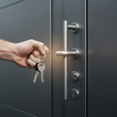 Main tenant des clés devant une porte moderne