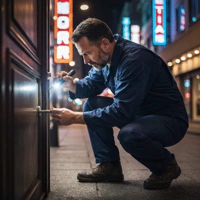 Serrurier d'urgence réparant une serrure de porte la nuit
