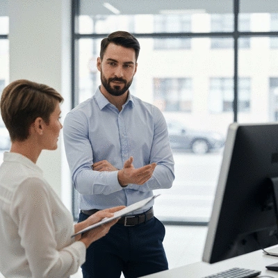 Expert advising a store owner on security solutions for their storefront, showing a collaborative and professional interaction