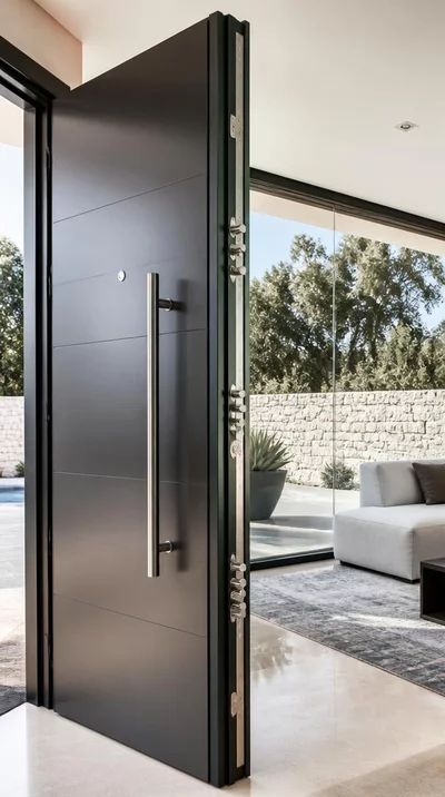 Modern armored door with security features in a home setting, focus on robust construction