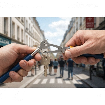 Mains d'un serrurier tenant des clés et une serrure, avec un arrière-plan flou de magasin ou d'entreprise à Clichy