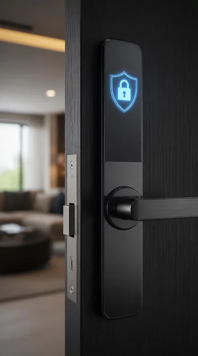 Close-up of a secure, modern door lock with an alert sign, symbolizing protection and peace of mind
