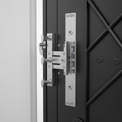 Close-up of a multi-point locking system on an armored door, emphasizing advanced security mechanisms and robust materials, no text, no words, no typography, 8K