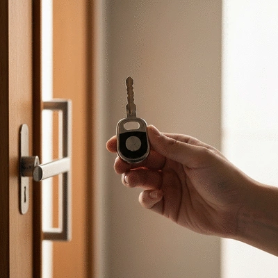 Main tenant une clé de sécurité devant une porte moderne