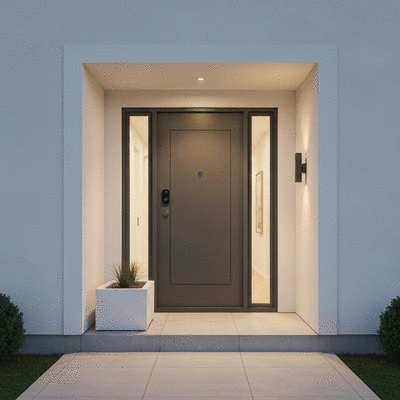 Conceptual image of a home with a secure, modern entrance, symbolizing safety and peace of mind, no text, no words, no typography, no labels, clean image
