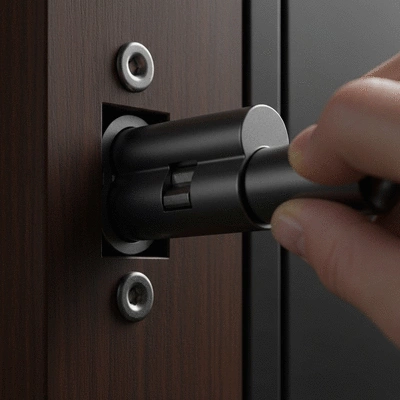 Close-up of a high-security lock cylinder being installed into a door, showing reinforced steel pins and a durable metal finish
