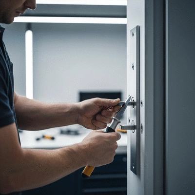 Serrurier installant une serrure multipoint sur une porte blindée
