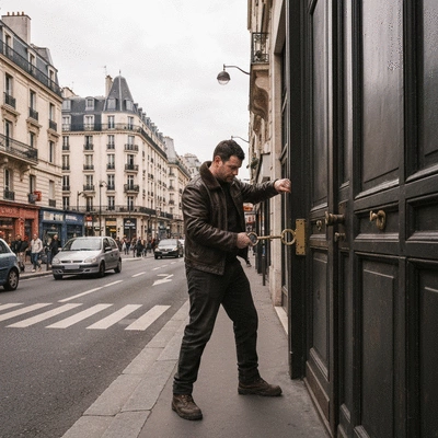 Serrurier en action, réparant une serrure sur une porte à Clichy