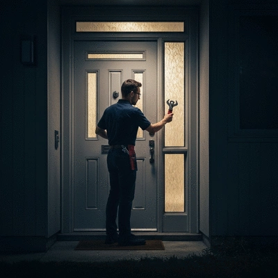 Un serrurier professionnel intervient en urgence devant une porte d'entrée la nuit, symbolisant la disponibilité 24/7, avec des outils de serrurerie visibles.