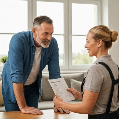 Serrurier professionnel remettant un devis gratuit à un client souriant, sur une table, avec des outils de serrurerie en arrière-plan