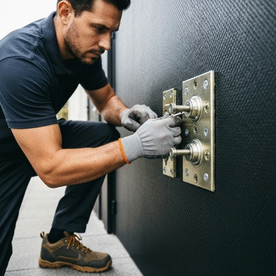 Professional locksmith installing a multi-point lock on an armored door