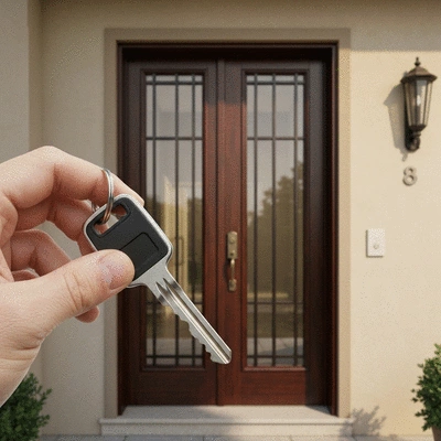 Main tenant une clé devant une porte d'entrée moderne