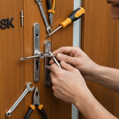 Serrurier r&eacute;parant une serrure sur une porte en bois