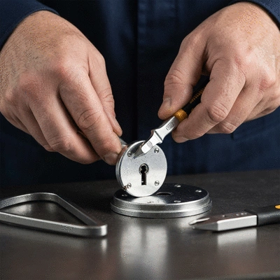 Serrurier réparant une serrure endommagée, gros plan sur les mains et les outils