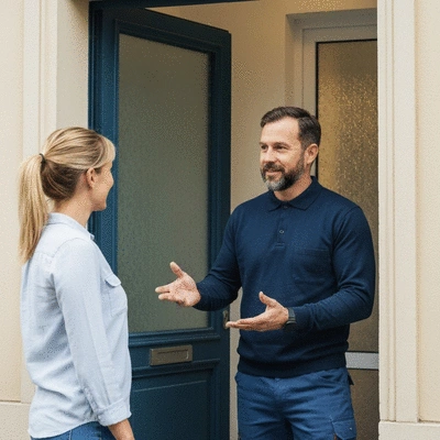 Serrurier expert discussing security options with a homeowner at their front door in Clichy, no text, no words, no typography