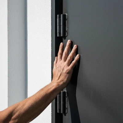 Gros plan sur une main testant la solidité d'une porte blindée en acier, montrant la robustesse