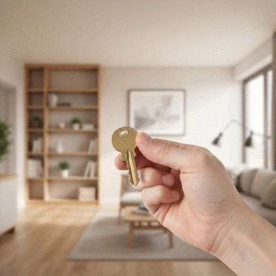 Hand holding a key, with a blurred house background, representing home security