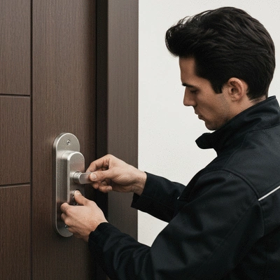 Serrurier professionnel installant une serrure de sécurité sur une porte d'entrée moderne