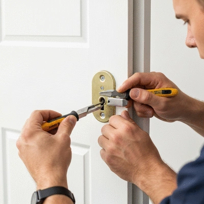 Serrurier travaillant sur une serrure de porte simple