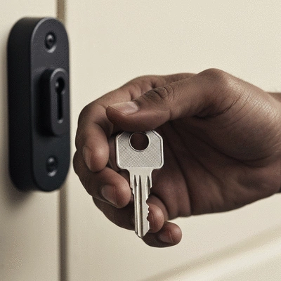 Gros plan sur une main tenant une clé et une serrure moderne, symbolisant la sécurité et la fiabilité