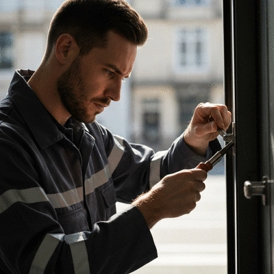 Gros plan d'un serrurier ouvrant une porte avec des outils spécialisés