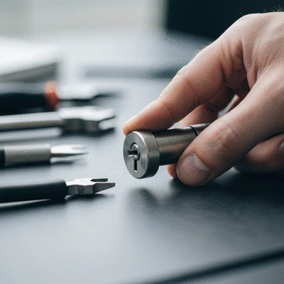 Gros plan sur une main de serrurier manipulant une serrure, avec des outils en arrière-plan, mettant en évidence la précision et la complexité du travail.