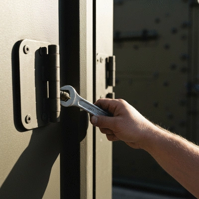 Close-up of a person lubricating the hinges of an armoured door, maintenance concept