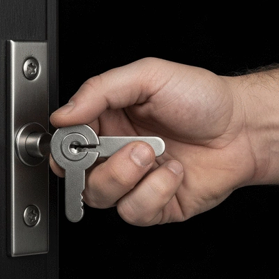 Main tenant une clé devant une serrure de haute sécurité