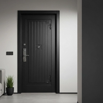 Modern armored door with security features in a home setting, no text, no words, no typography, no labels, clean image