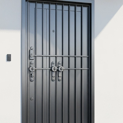 Modern security door with multiple locks and a strong frame, no text, no words, no typography, 8K, natural lighting