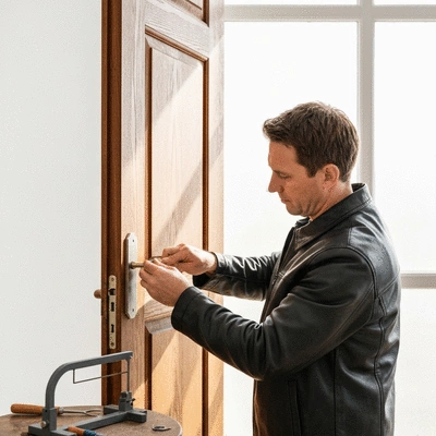 Serrurier fiable en action, réparant une serrure, avec des outils professionnels sur une porte en bois, no text, no words, no typography, 8K