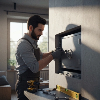 Professional locksmith installing a built-in safe in a home environment