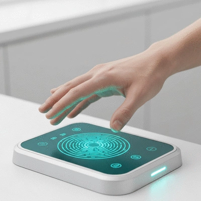 Hand scanning a fingerprint on a biometric access control device, no text, no words, no typography, clean image