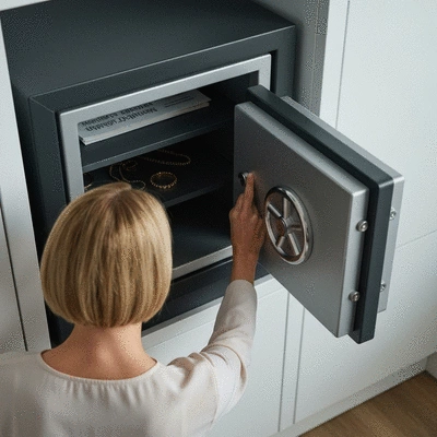 Personne ouvrant un coffre-fort moderne avec des documents importants et des bijoux à l'intérieur