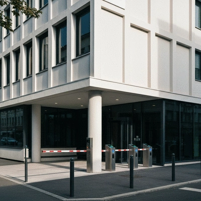Modern office building in Clichy with security access control system, no text, no words, no typography, clean image