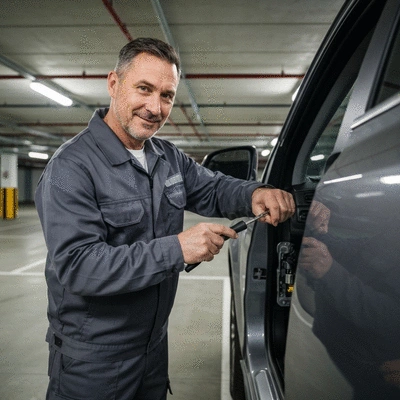 Serrurier travaillant sur une serrure de porte d'immeuble