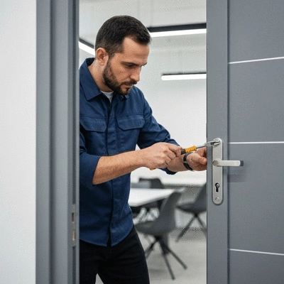 Professional locksmith inspecting a door lock