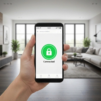Hand holding a smartphone displaying a home security app with a connected lock icon, representing remote control and alerts