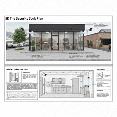 Plan de sécurité détaillé d'un magasin avec des points faibles identifiés et des solutions de renforcement