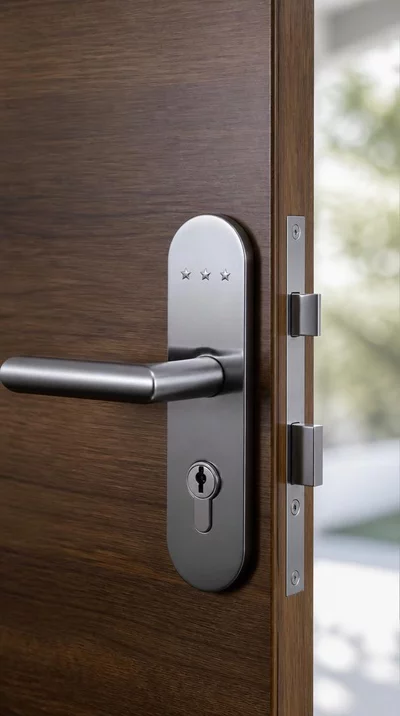 Modern A2P certified lock with a star rating on a wooden door