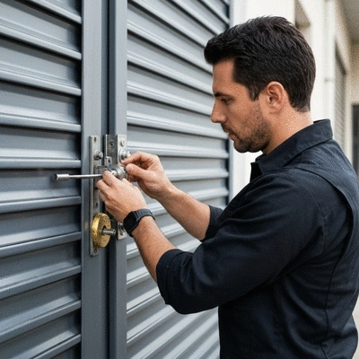 Professional locksmith inspecting an armored door