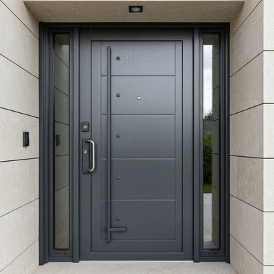 Modern armoured door installed in a residential entrance, showing robust security features and a sleek design, no text, no words, no typography, 8K