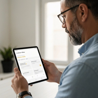 Person reading customer reviews on a tablet, no text, no words, no typography