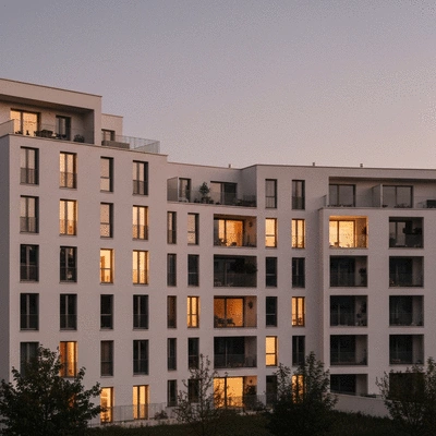 Modern apartment building in Clichy at dusk with lights on